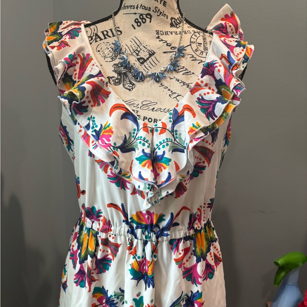 Beige by ECI Floral Ruffle Mini Dress | Colorful Boho Summer Dress | Sleeveless - Picture 3 of 7
